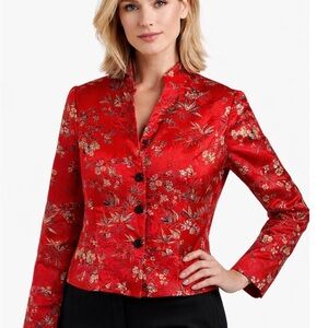 R&K Red Floral Womens Jacket Mandarin Collar Silk blend size 8P Luxury office